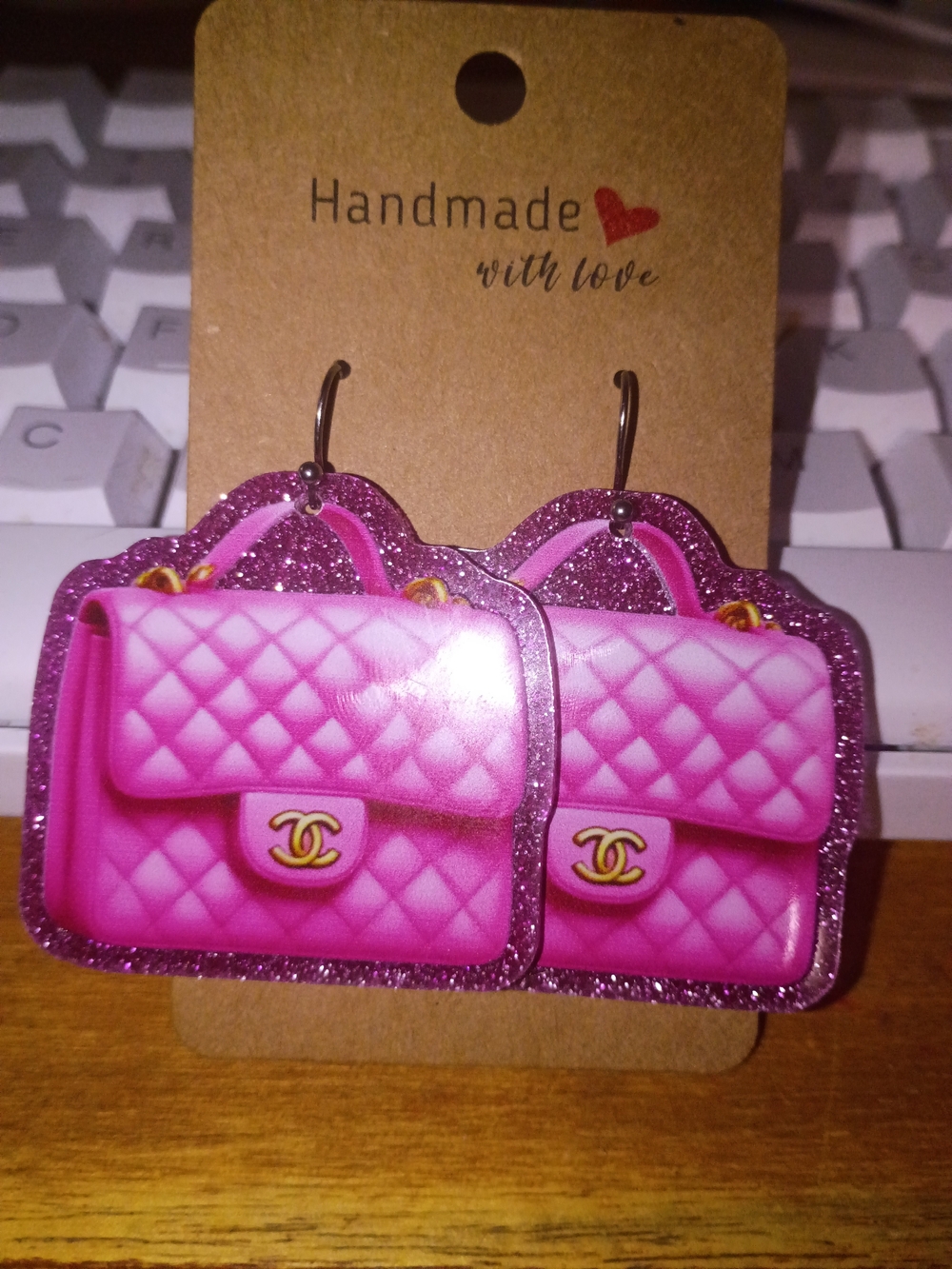 Handmade Pink Quilted Glitter Designer Purse Fashion Earrings